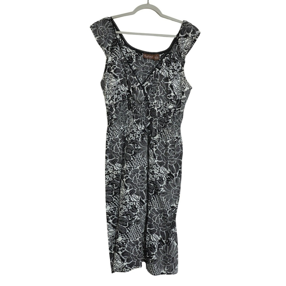 Vintage 100% Cotton Size 1X Midi Dress Black Floral Retro Country‎ Lightweight